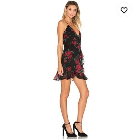 Lovers + Friends Gigi Wrap Dress Black Red Floral S - Picture 2 of 8